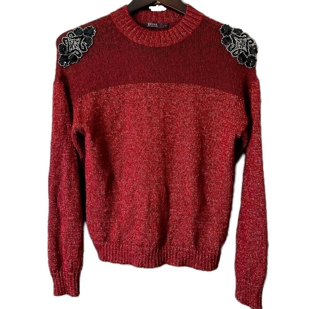 Guess Pullover Crewneck Sweater Red Black Sequins Beaded Floral Shoulders Sz M